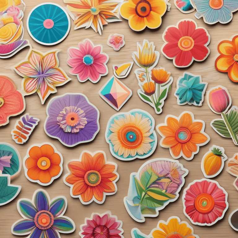 Overhead view of a variety of embossed stickers with intricate designs on a wooden background.