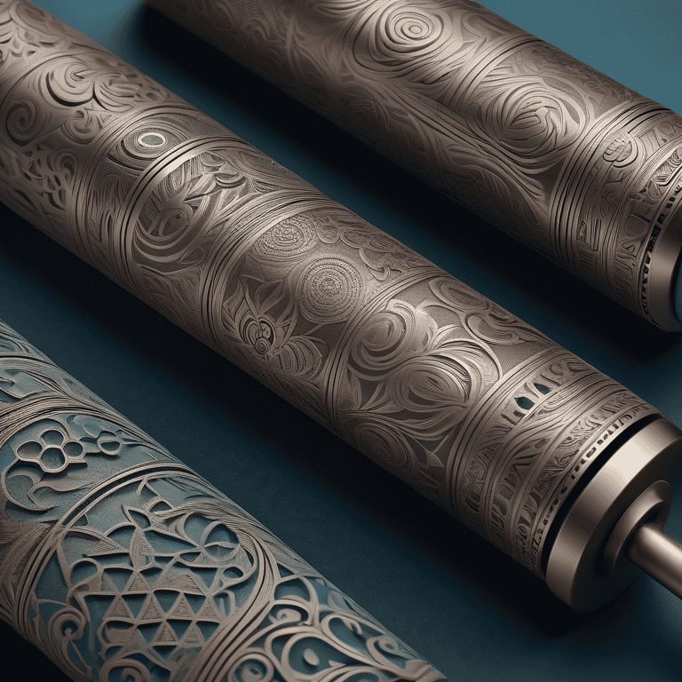 Overhead view of Rexine embossing rollers with intricate designs, suggesting precision and industry.