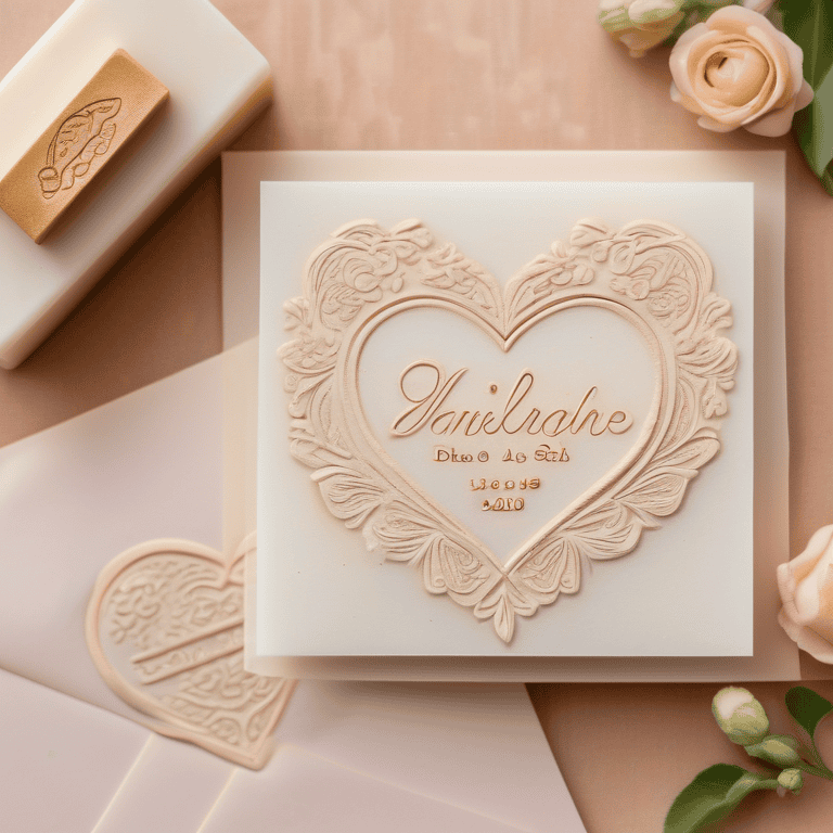 Vintage heart and floral patterned wedding stamp with personalized names and date.