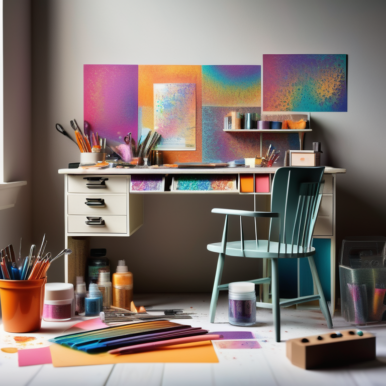 Craft desk with embossing gun, colorful card, metallic powders, and tools, bathed in warm light.