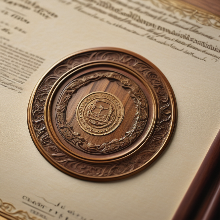 A brass embossing seal and stamped certificate on a vintage desk, bathed in warm light.