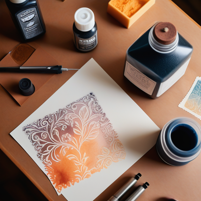 Artist's desk with embossing supplies and a paper showing the raised pattern of embossing.