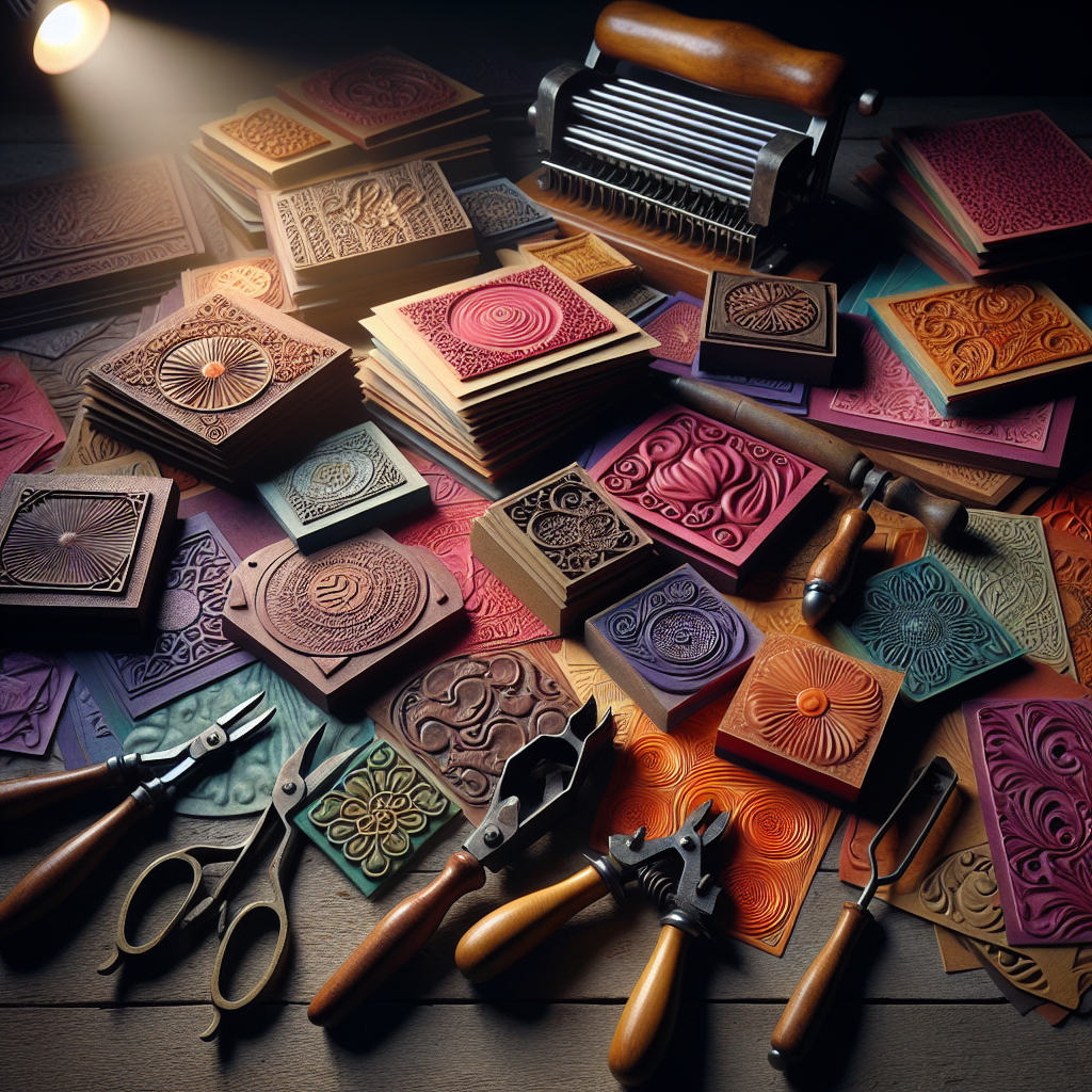 Artistic embossed papers with detailed patterns displayed alongside Cuttlebug embossing folders on a wooden surface.