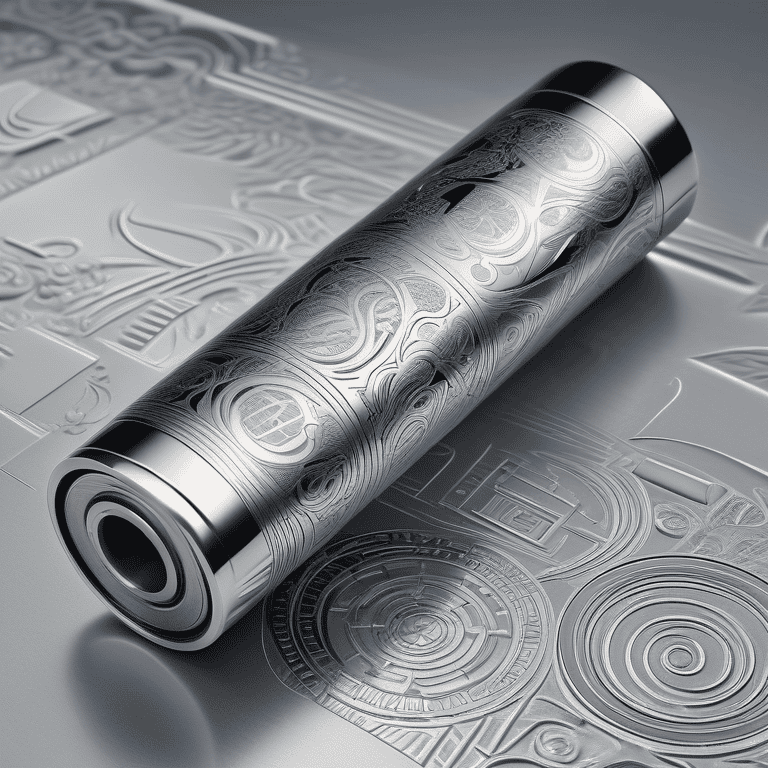 Close-up of a detailed metal embossing roller with design etchings, in an implied industrial setting.