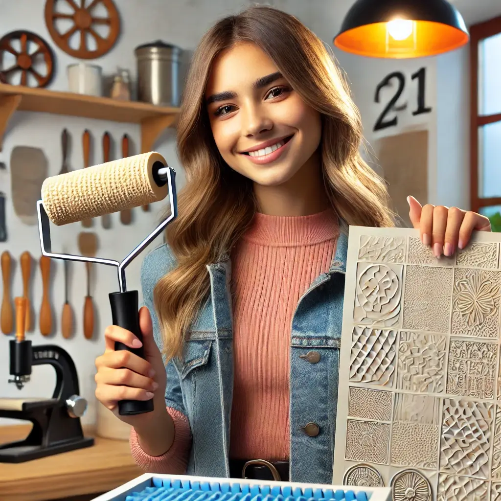 A beautiful 21-year-old girl holding a piece of embossed plastic and smiling in a modern workshop setting. The background includes tools and materials related to embossing, with good lighting to create a visually appealing scene.