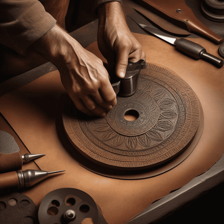 Artisan applying a pattern using a leather embossing wheel on tan leather with tools in the background.