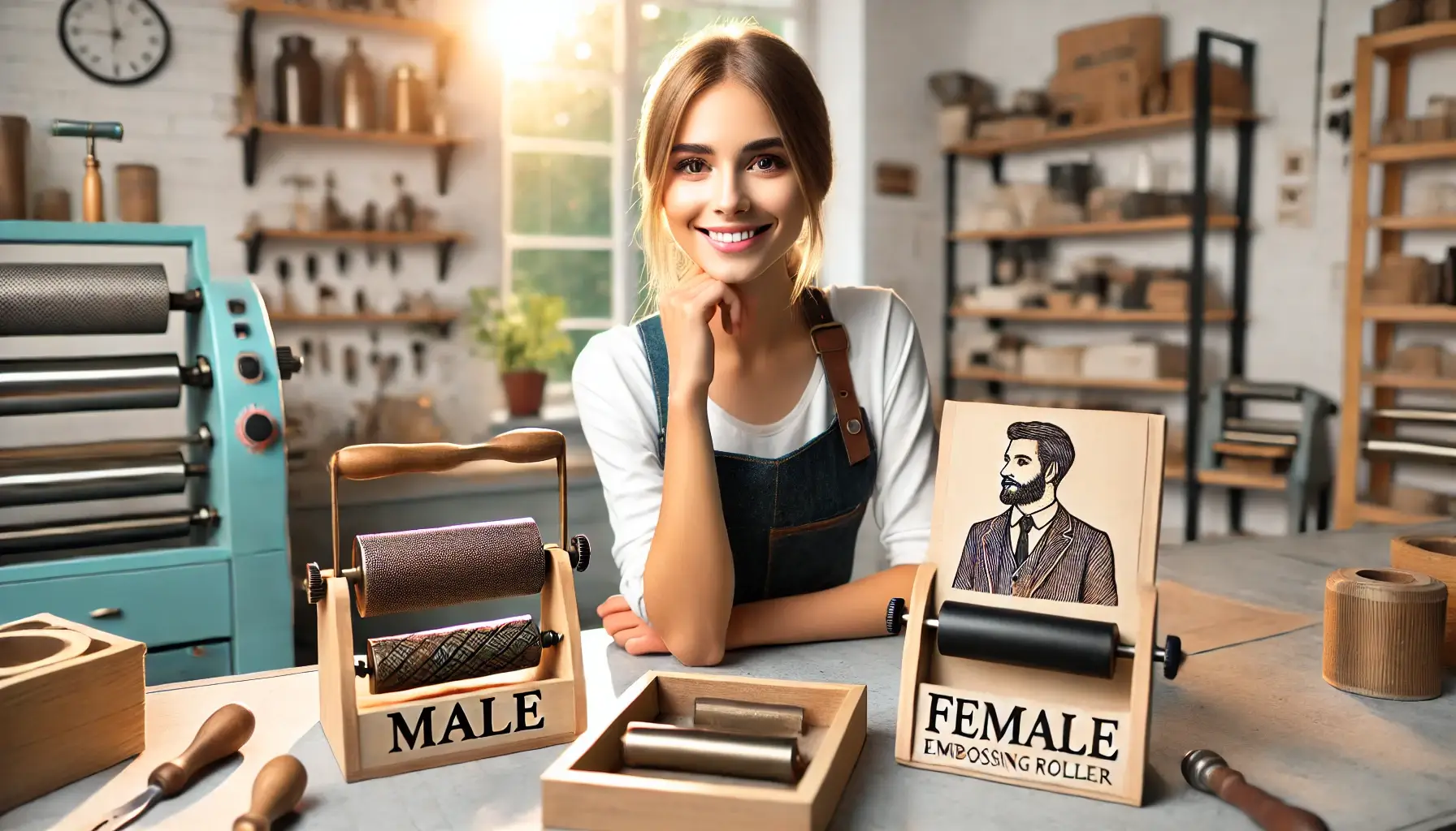 Feature image of a blog post showing a male and female embossing roller on a workbench, with a beautiful 21-year-old girl smiling beside them. The setting is a clean, well-lit workshop with organized shelves and embossing tools in the background. Light streams in through a window, giving the scene a warm and inviting feel.