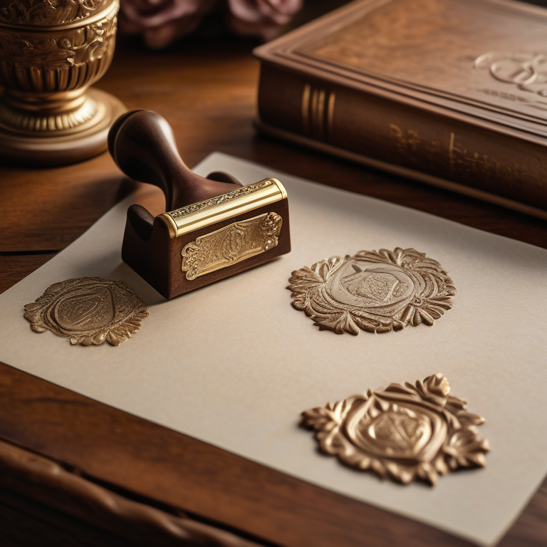 An elegant embossing stamp on a vintage desk with a freshly embossed crest on paper, surrounded by specks of gold dust