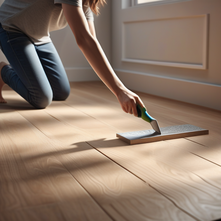 A person using embossing leveler on a floor, with tools and soft lighting, conveying project initiation.