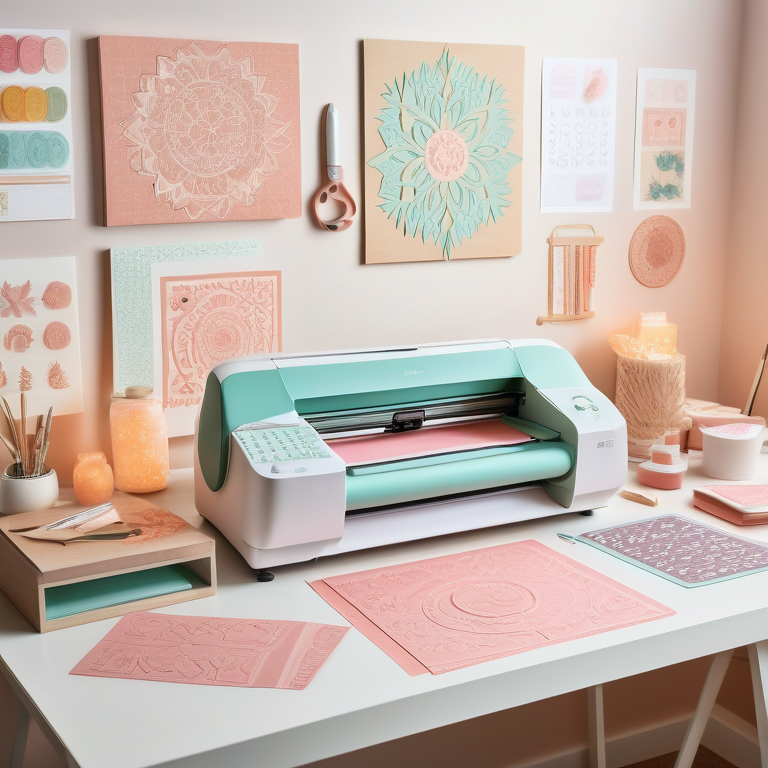 A Cricut embossing tool with materials and a guidebook laid out on a well-lit craft table.