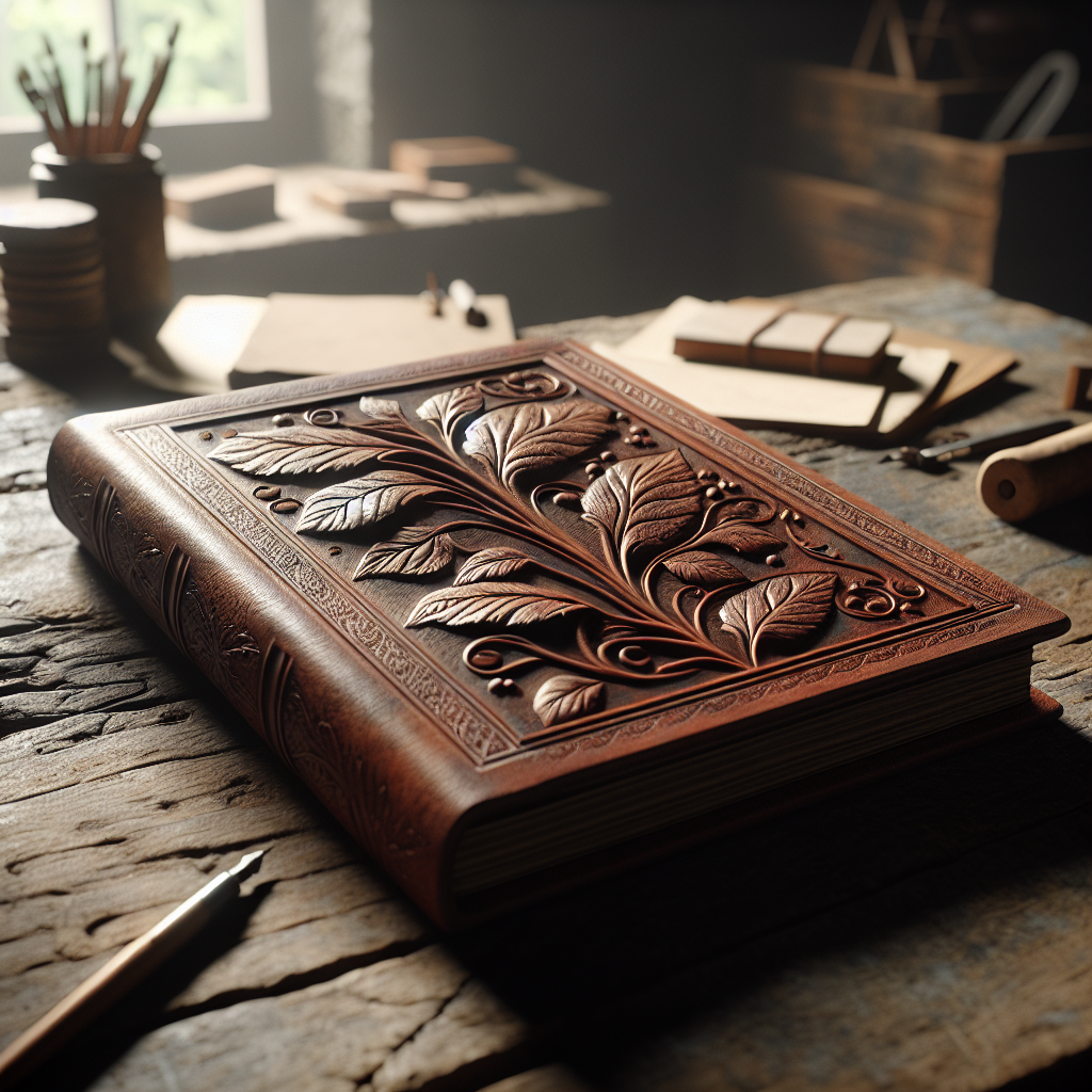 Closed leather journal with leaf embossing on a wooden desk, surrounded by art tools.