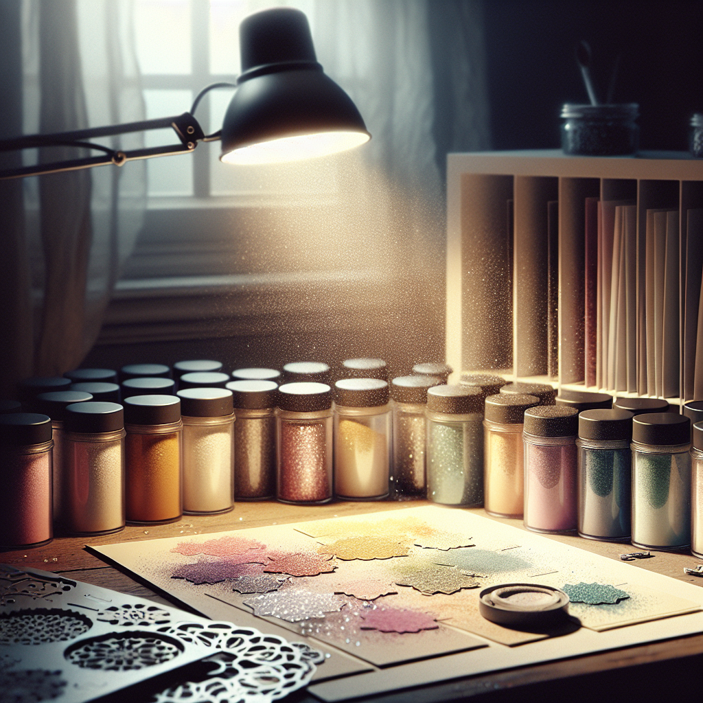 A craft desk displaying embossing powders, a partially completed stamped card, and glitter, with a cozy lamp-lit ambiance.