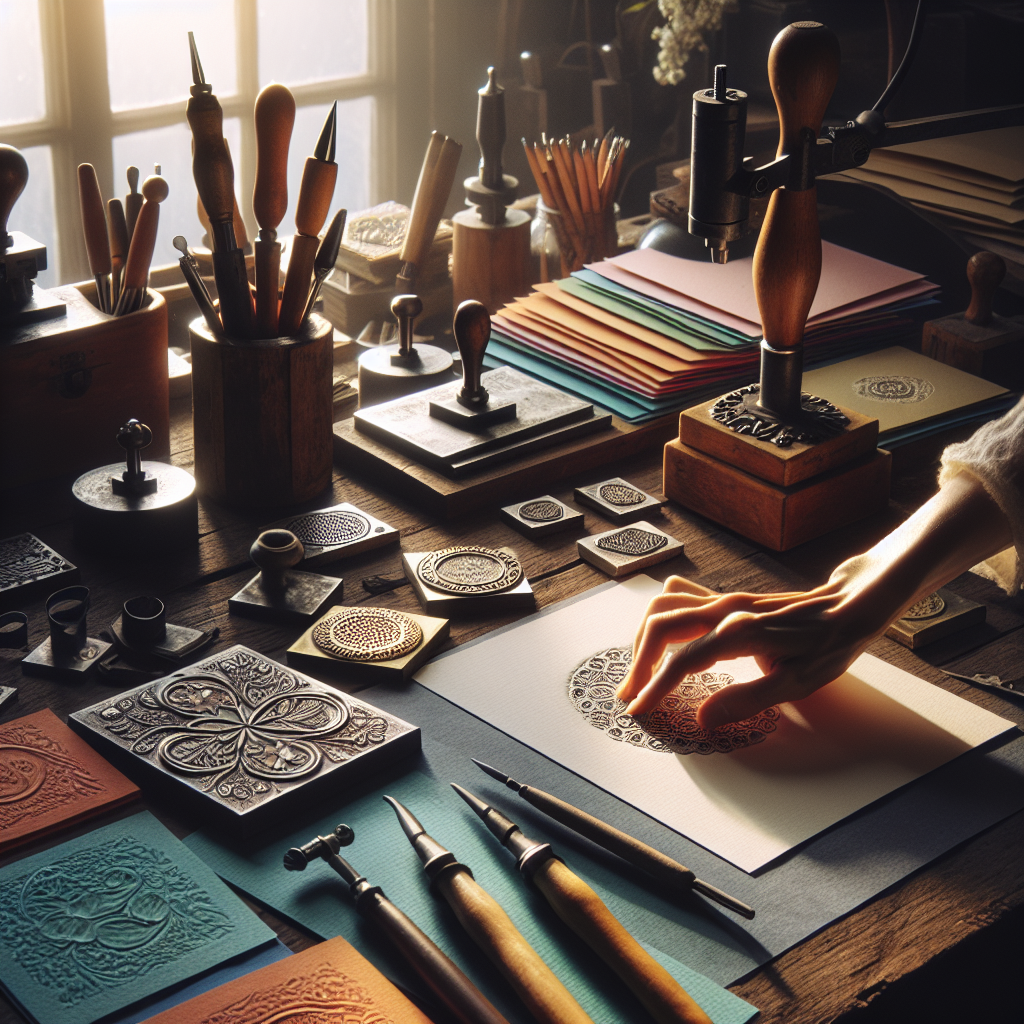 Hands embossing a pattern onto a card with tools on a wooden desk.