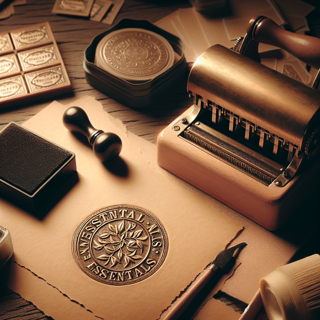 Vintage embossing label maker with accessories on a desk, under warm lighting, creating a nostalgic ambiance.