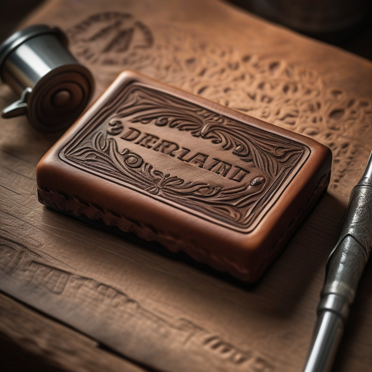 Custom embossing stamp on a wooden table beside a piece of embossed leather.