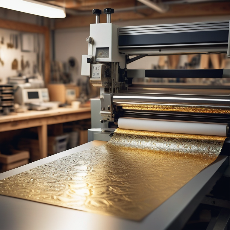 Close-up of a foil embossing machine with a cardstock showcasing intricate golden patterns.