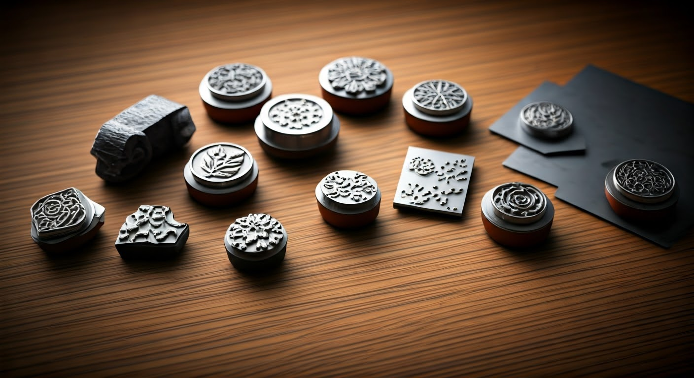 Custom metal stamps on a crafting table.