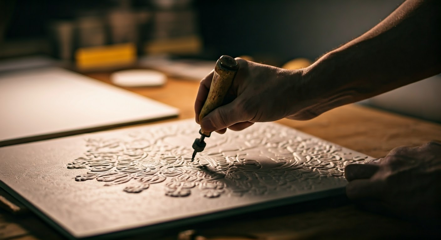 Craftsman embossing designs on surface.