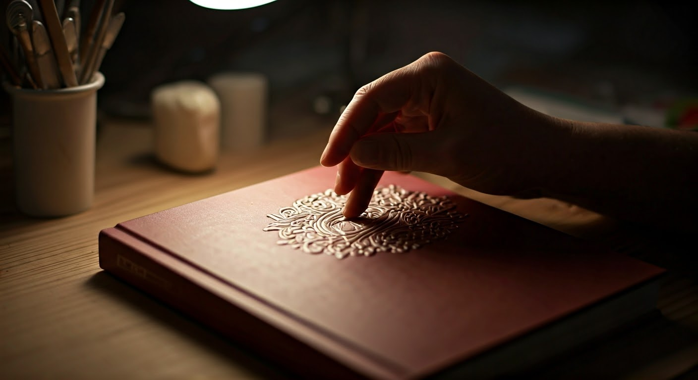 Artist demonstrating the embossing process.